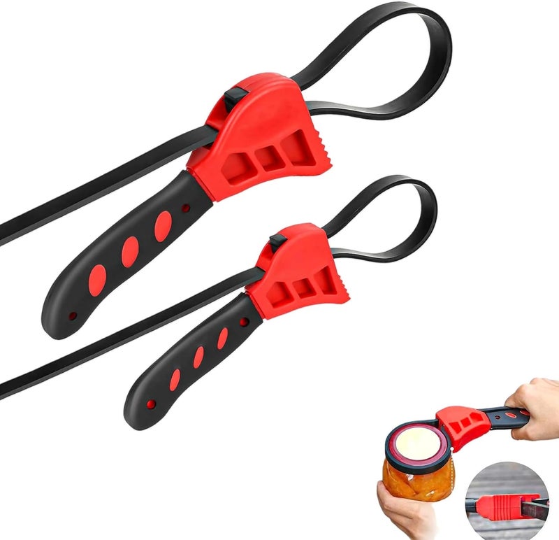 SavvyFIX 2-Pack Adjustable Rubber Strap Wrench Set – 25.20" & 20.48" Heavy-Duty Strap Wrench for Oil Filter, Jar Opener, Water Filter, Plumbing, Sink, Faucet – Non-Slip Multipurpose Wrench Tool (Red) - Image 1